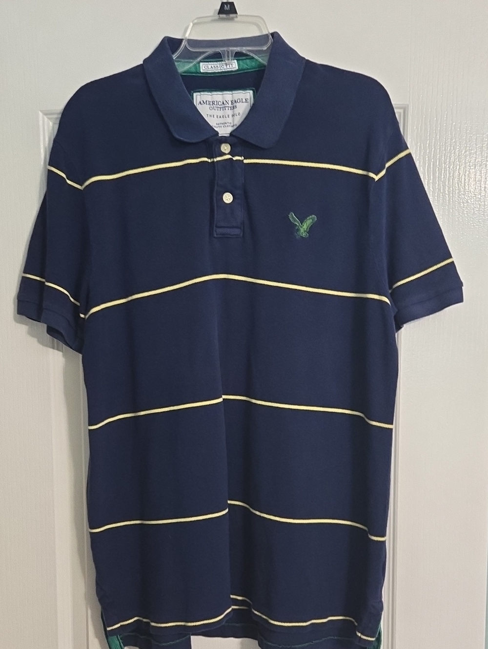 American Eagle Outfitters Navy Polo with Yellow Stripes